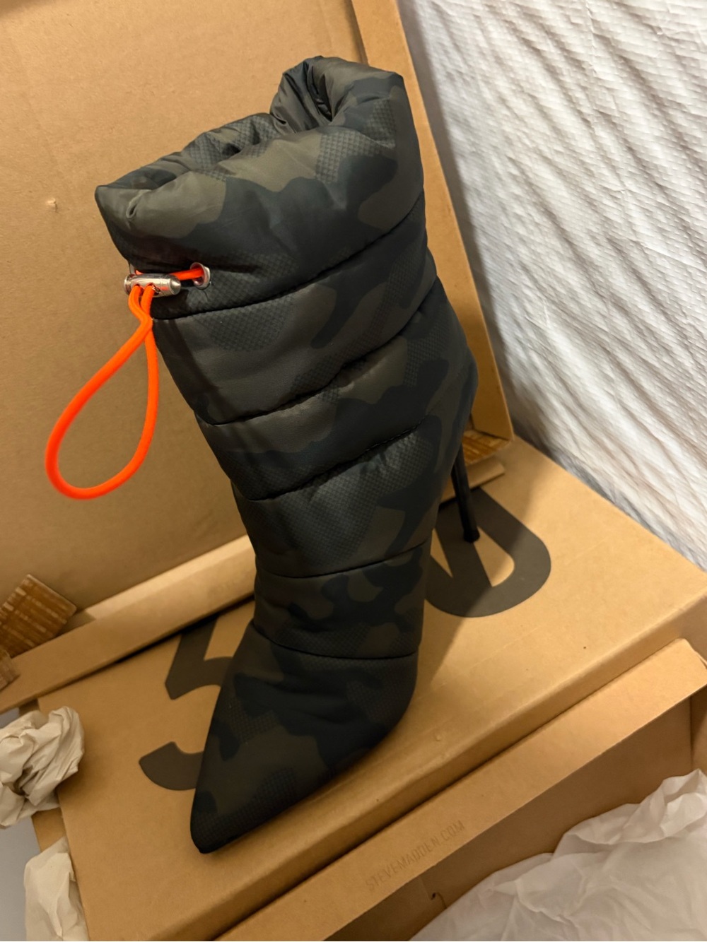 Steve Madden Camo Quilted Heeled Boot with Orange Pull Tab